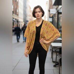 Xhilaration Yellow Multicolor Long Tunic Batsleeve Semi-Sheer Kimono Top XS